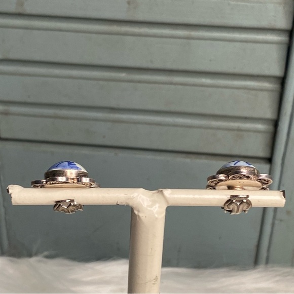 Vintage 835 Silver Marked Holland Blue Delft Windmill Floral Clip On Earrings - Picture 3 of 10